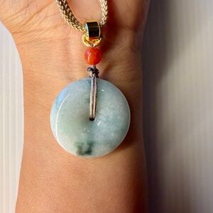Natural Green GradeA Jade Donut Pendant Necklace Gold Red agate Lucky Protection